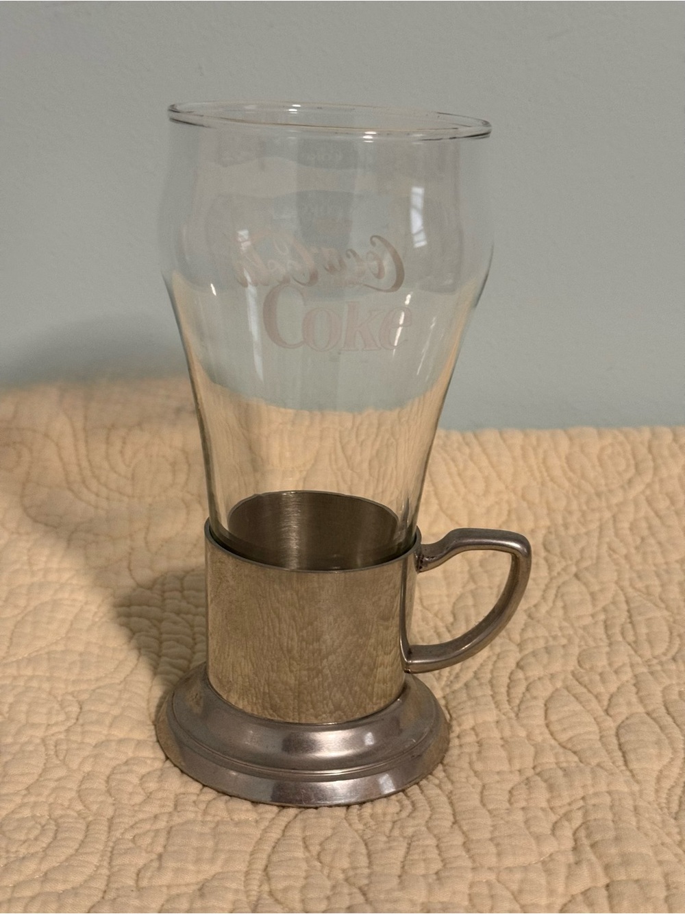 Coca Cola Clear Glass Tumbler with Silver-Tone Metal Holder